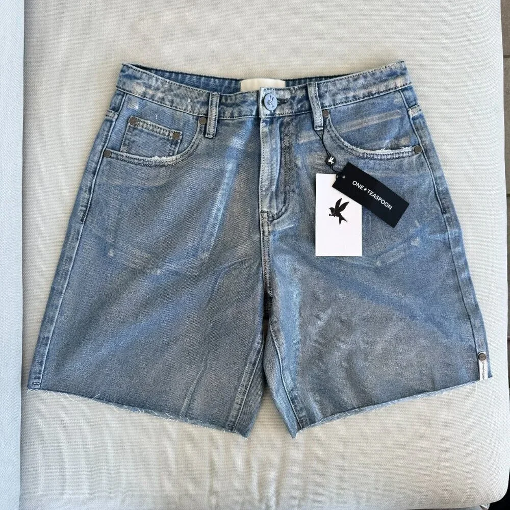 NWT One Teaspoon Jackson Long Jean Shorts in Metal Blue 27